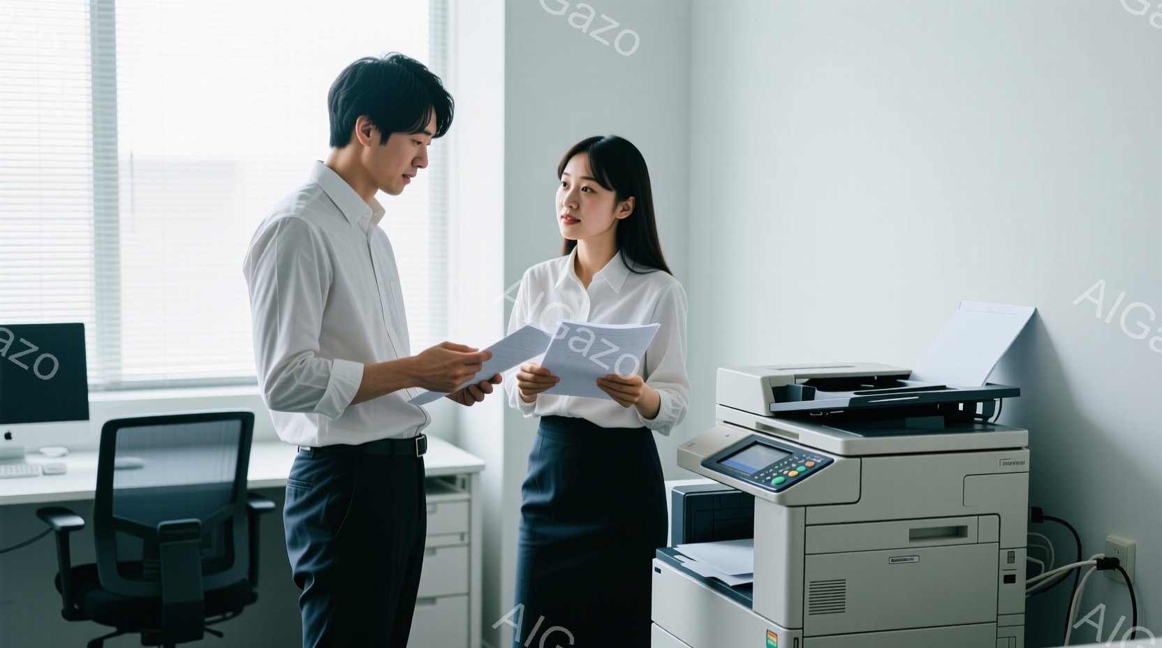 事務室で、一人の男性と一人の女性がコピー機の前で書類を見ながら会話しています。男性は白いシャツに黒いズボンで、女性は白いブラウスに黒いスカートを着用しており、両者とも真剣な表情で書類を確認しています。 - AI生成フリー素材