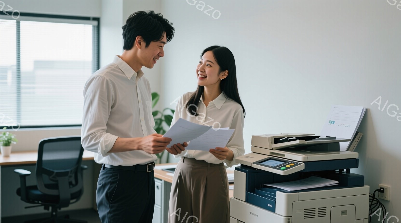 オフィスで、若い男性と女性が書類を見ながら微笑み合っている。男性は白シャツに黒いズボン、女性は白シャツにベージュのスカート姿で、髪はそれぞれ短く整えられている。背景にはコピー機やオフィス家具が見え、全 - AI生成フリー素材