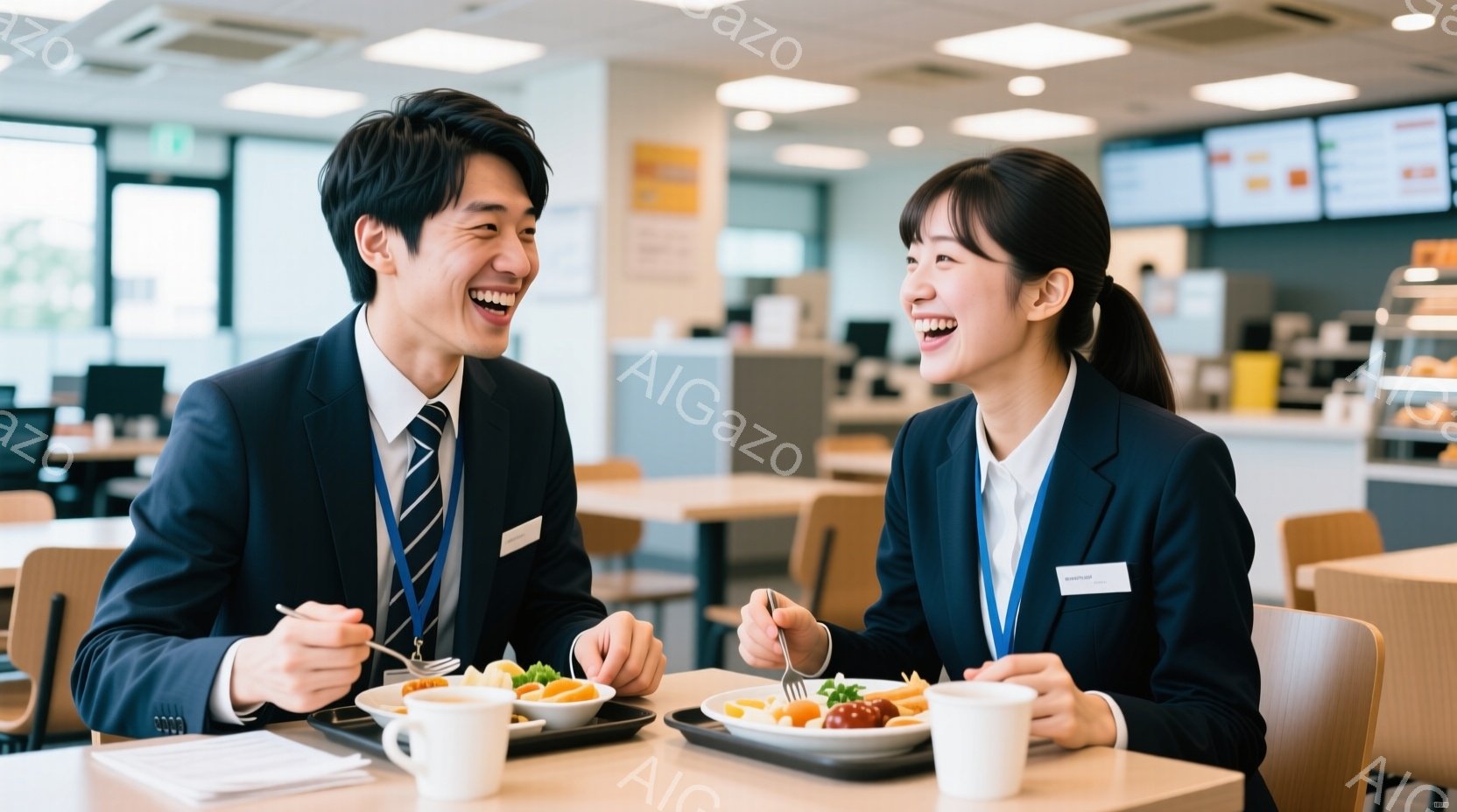 紺色のジャケットを着た男女が、明るい食堂で食事を楽しんでいます。二人は笑顔で目を見つめ合い、リラックスした雰囲気でフォークとスプーンを使って食事をしています。背景には他のテーブルやカウンター、そしてメ - AI生成フリー素材