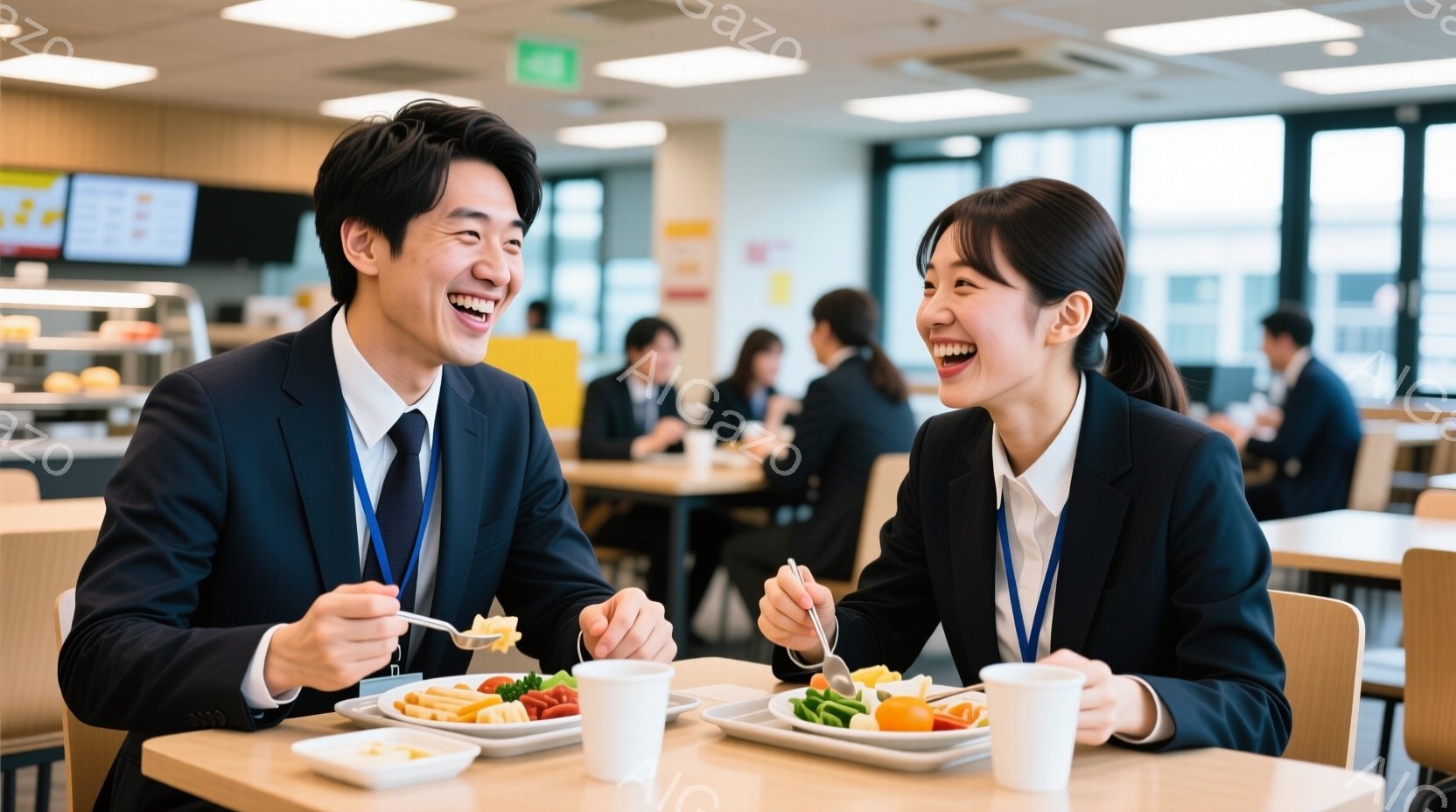 紺色のスーツにネクタイ姿の男性と、白シャツに紺色のジャケットを羽織った女性が、明るい食堂で食事を楽しんでいます。二人は笑顔で互いを見つめ、リラックスした雰囲気で食事をしています。背景には他の人もおり、 - AI生成フリー素材