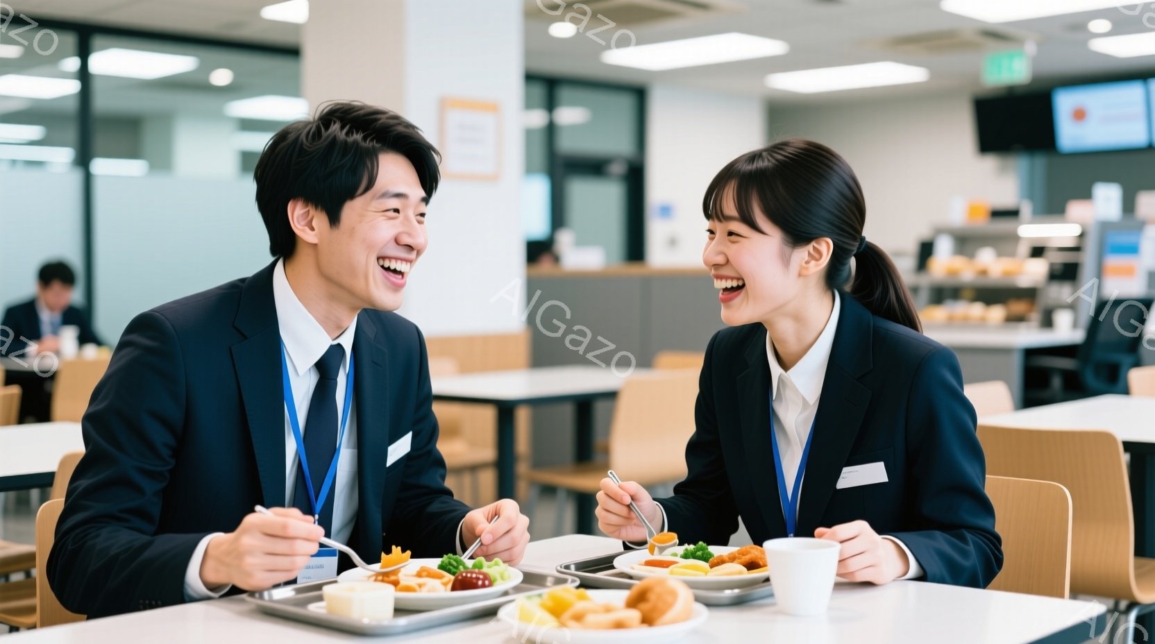 紺色のジャケットと白いシャツを着用した若い男女が、食堂で食事をしながら楽しそうに笑っています。彼らは身につけた名札から会社員であることが分かります。背景には他の人々が食事をとっており、明るく清潔な食堂の雰囲気です。