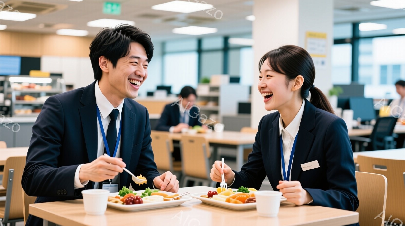 明るい食堂でランチを楽しんでいる男女が写っています。二人は紺色のスーツに身を包み、笑顔で互いを見つめながら食事をしています。背景には他の食堂の利用客やテーブルが並び、清潔で明るい雰囲気が漂っています。 - AI生成フリー素材