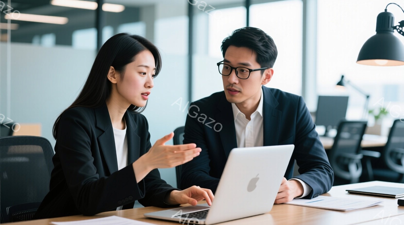 ビジネスウーマンとビジネスマンが、明るいオフィスでノートパソコンを囲んで話している様子が写っている。女性は黒いジャケットを着ており、少し身を乗り出して何かを説明しているような表情をしている。男性は紺色 - AI生成フリー素材
