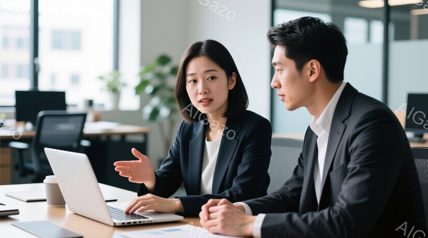ビジネスシーンで、女性と男性がテーブルを挟んで向かい合って座っています。女性は黒いジャケットに白いシャツを着ており、髪は後ろでまとめています。男性も黒いスーツを着ており、両手で顎の下を支えながら女性の - AI生成フリー素材