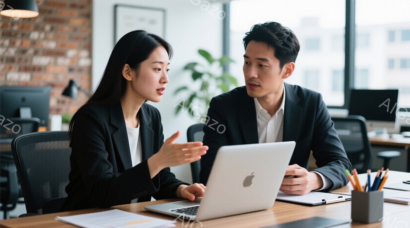 二人のビジネスパーソンが、明るいオフィスでノートパソコンを見ながら会話しています。女性は黒いジャケットを着ており、髪を後ろにまとめている。男性は白いシャツに黒いジャケットで、やや真剣な表情で女性の話を - AI生成フリー素材