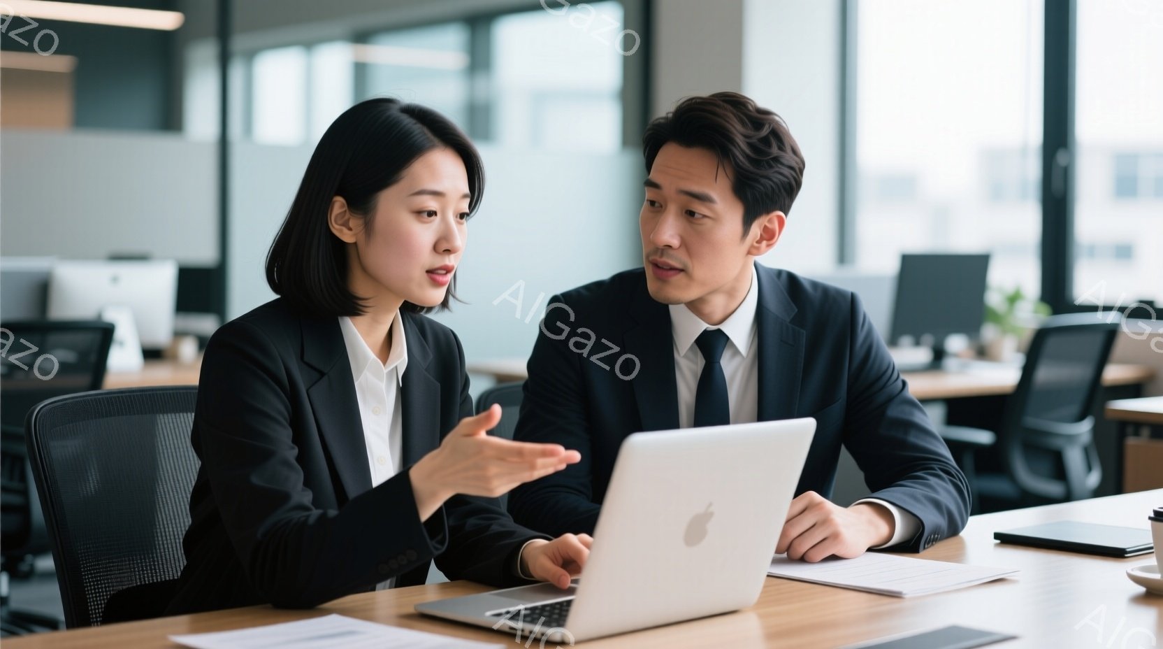 ビジネスウーマンとビジネスマンが、明るいオフィスでノートパソコンを前に座り、何かについて真剣に話し合っている様子が写っている。女性は黒いジャケットに白いシャツを着ており、髪は短く、表情はやや真剣で、身振り手振りを交えながら説明しているように見える。男性はスーツとネクタイ姿で、女性の話に耳を傾けながら、時折うなずき、落ち着いた雰囲気である。