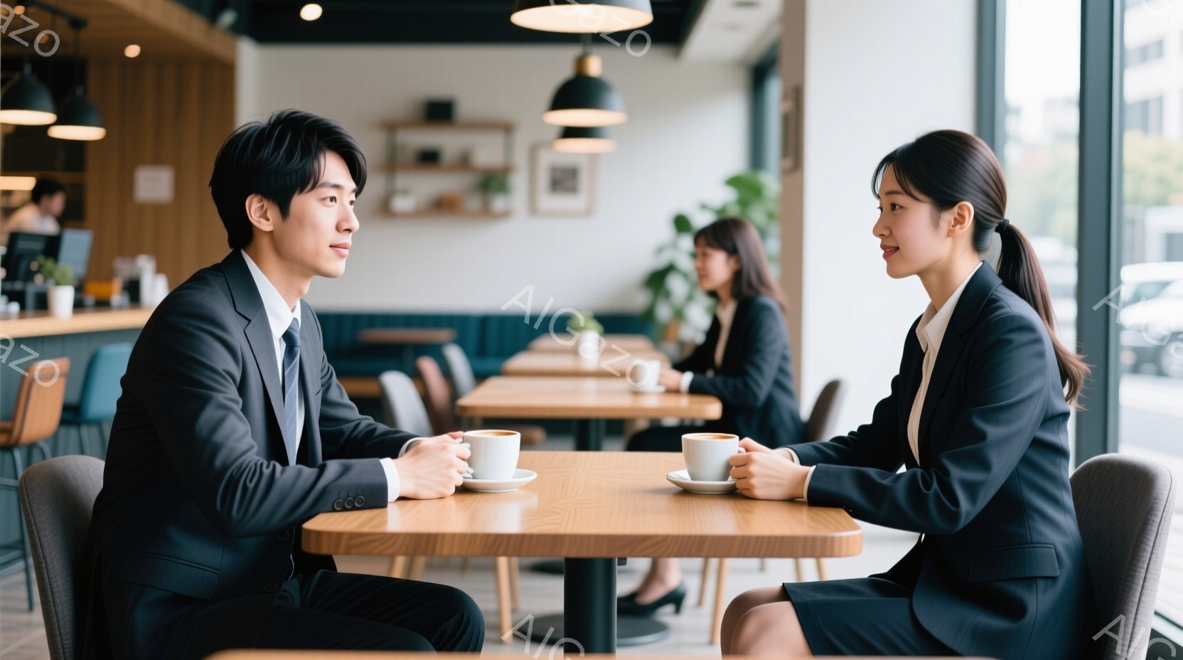 ビジネススーツを着た男女がカフェで向かい合って座っており、コーヒーカップを手に持っている。二人は真剣な表情で互いを見つめ、何か重要な話をしているようだ。背景には他の客や窓の外の風景が見え、カフェの落ち - AI生成フリー素材
