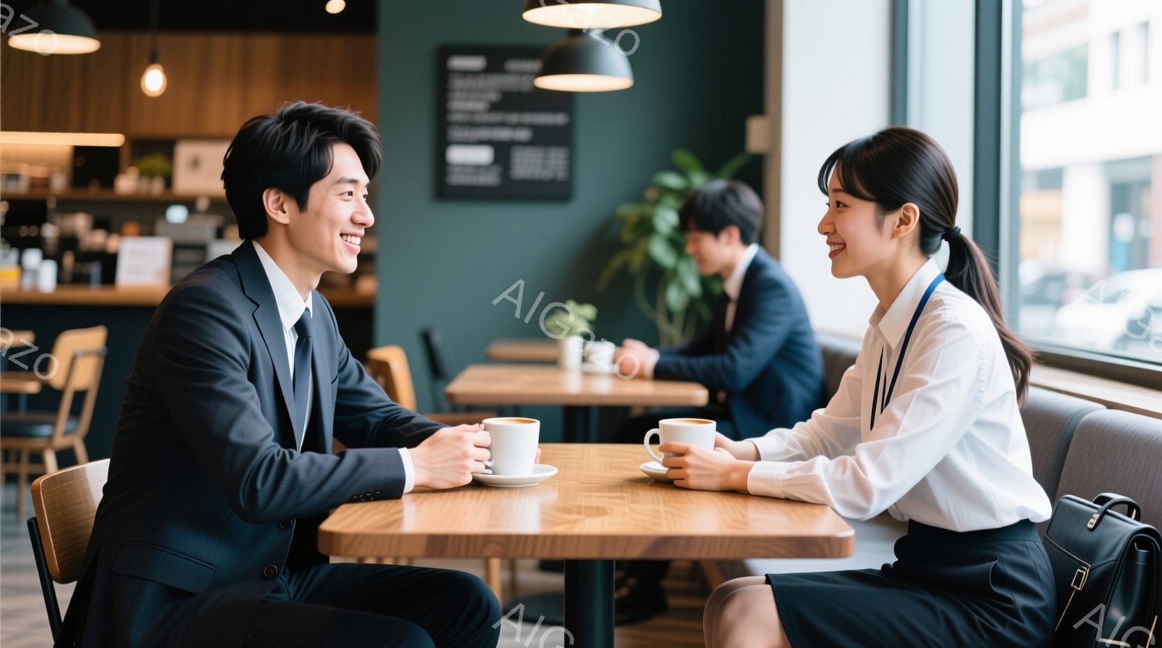 二人のビジネスパーソンがカフェで向かい合って座り、コーヒーを楽しんでいます。男性は濃い青のスーツを着ており、女性は白いシャツと黒のスカート、肩には黒いバッグを掛けています。背景には他の客や植物が見え、 - AI生成フリー素材