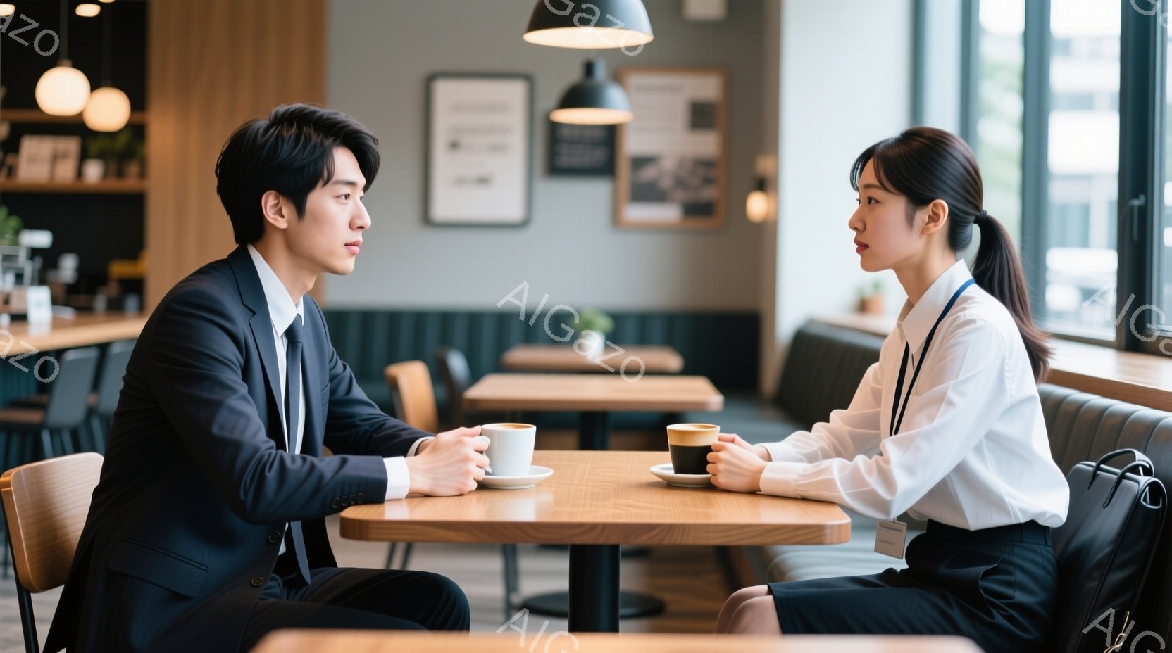 ビジネススーツを着た男女がカフェで向かい合って座っており、それぞれコーヒーカップを持っている。男性は濃い色のスーツで、髪は短く整えられ、真剣な表情で女性を見ている。女性は白いシャツと黒いパンツの装いで - AI生成フリー素材