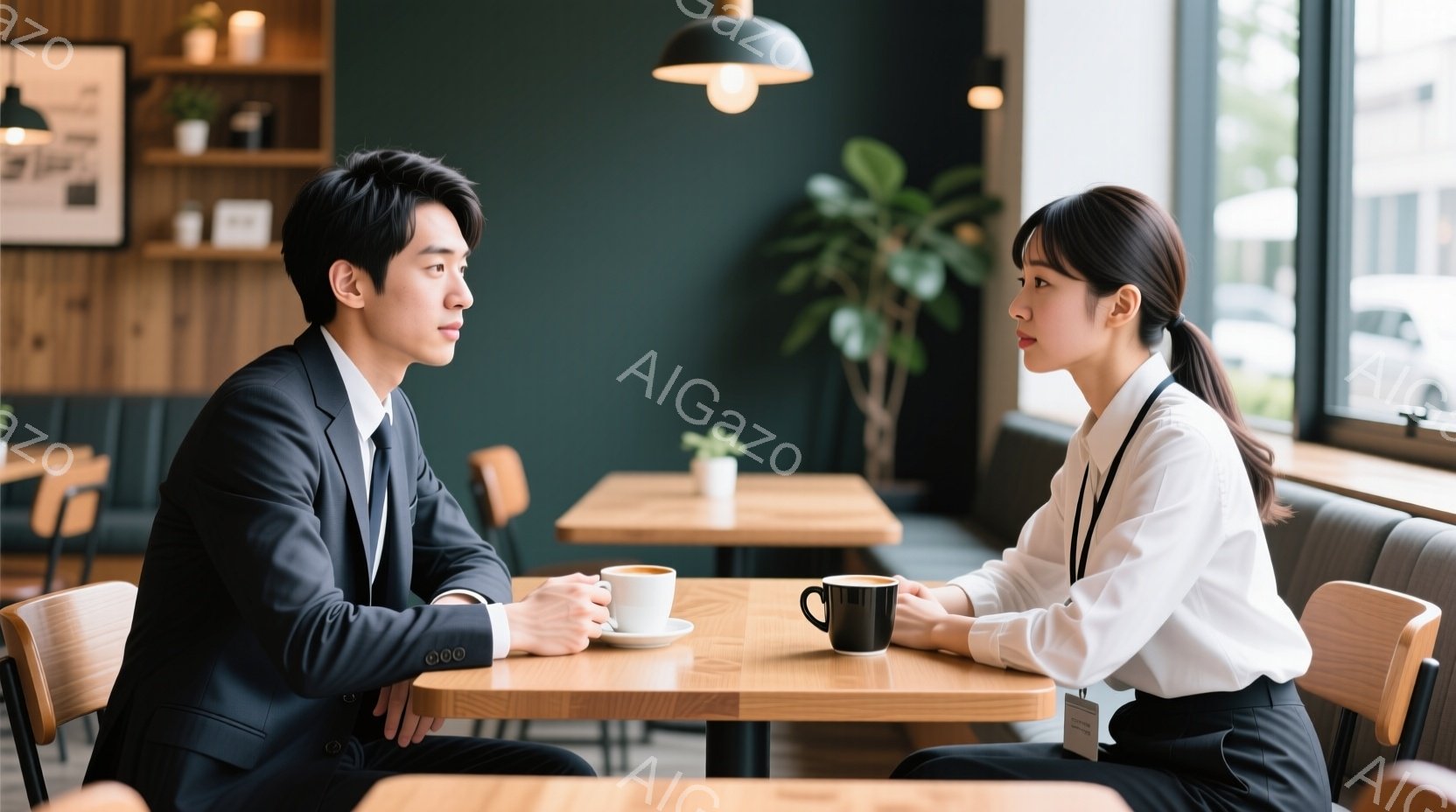 カフェのような場所で向かい合って座っている男女が写っています。男性は紺色のスーツにネクタイ、女性は白いシャツと黒いスカートを着用し、どちらも穏やかな表情でコーヒーカップを持っています。背景には木製の棚 - AI生成フリー素材