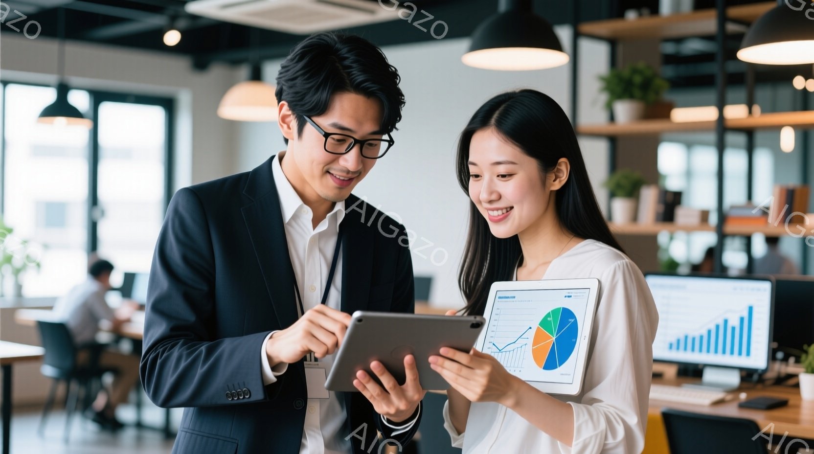 画面には、スーツ姿の男性と白いブラウスを着た女性が、タブレットを覗き込んでいます。男性は眼鏡をかけ、真剣な表情でタブレットを指し示しており、女性は微笑みながらタブレットを見ています。背景には、オフィスらしき空間が見え、デスクやモニター、植物などが配置されており、明るく活気のある雰囲気が漂っています。