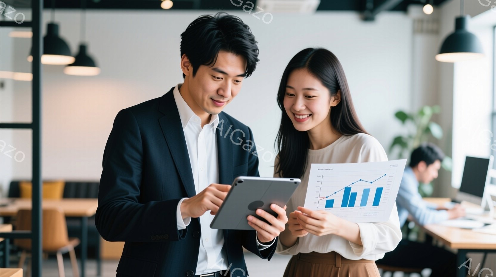 ビジネスウーマンとビジネスマンがタブレットとグラフを見ながら話しています。男性は紺色のスーツに白いシャツ、女性はベージュのパンツに白いブラウスを着ており、二人とも笑顔で前を見つめています。背景には、他の従業員が仕事をしているオフィス空間が見え、全体的に明るく活気のある雰囲気が漂っています。