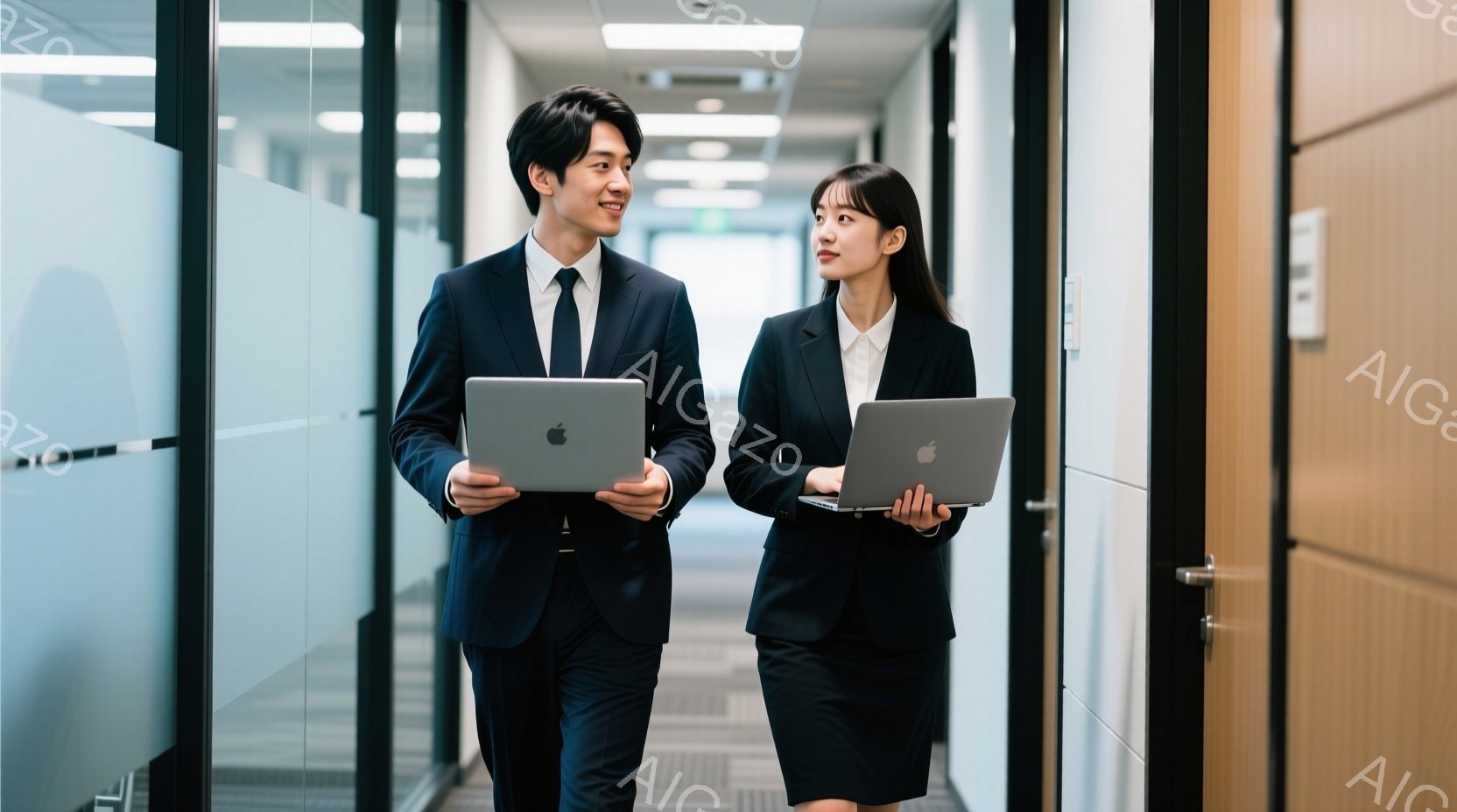 ビジネススーツを着た若い男女が、廊下を歩きながらノートパソコンを持っています。男性は笑顔で前を見つめ、女性は少し内気な表情で男性の方を見ています。廊下は明るく、モダンなオフィスビル内にあり、全体的にプ - AI生成フリー素材