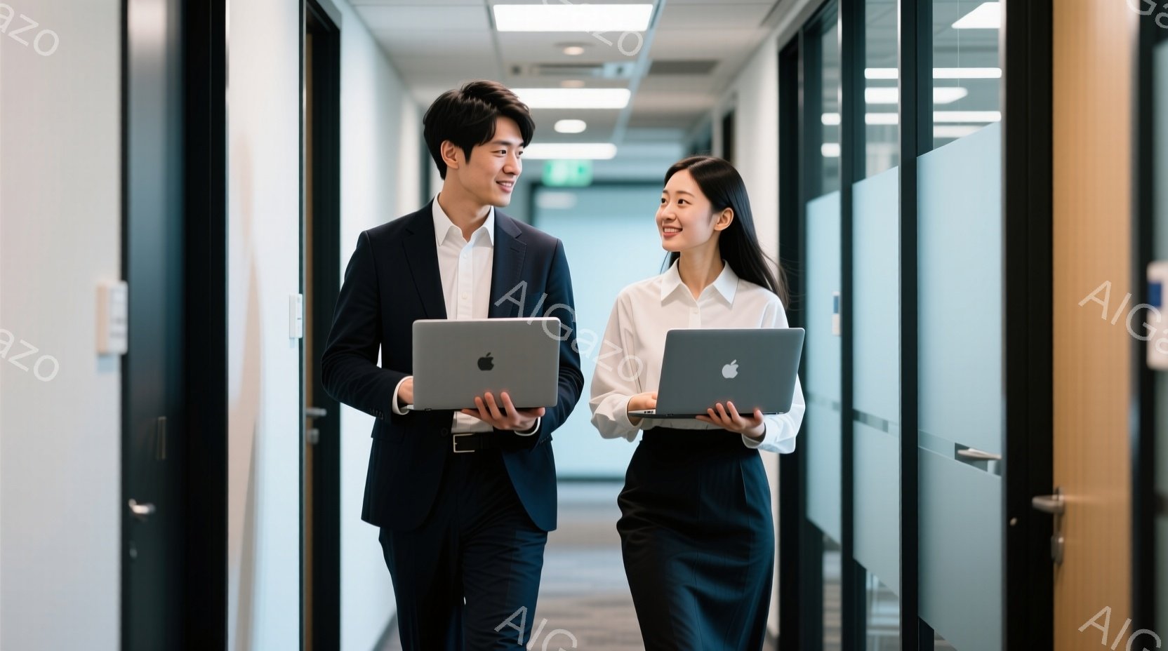 スーツを着た若い男性と女性が廊下を歩いている。男性は濃い青いスーツで、女性は白のブラウスと黒のスカートを着用しており、それぞれ左手にノートパソコンを持っている。廊下は明るく、壁は白で、全体的にプロフェ - AI生成フリー素材