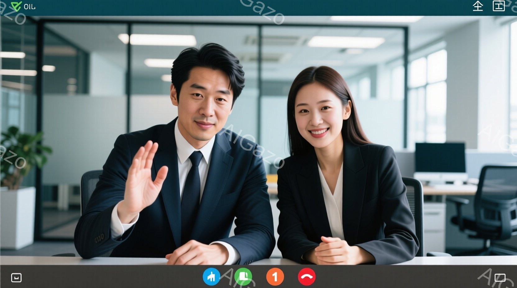 ビジネススーツを着た男女が写っています。男性は手を振っており、笑顔でカメラを見ています。背景にはオフィスが広がり、モダンで明るい雰囲気です。 - AI生成フリー素材