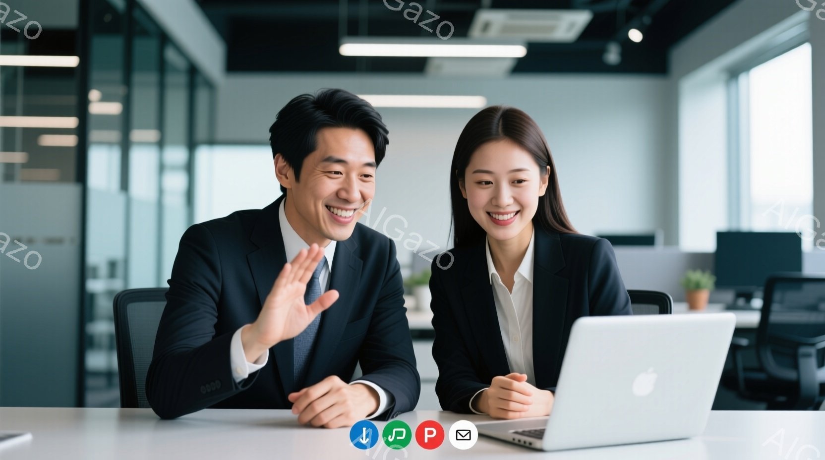 スーツを着た男女が、明るいオフィスでノートパソコンを見ながら笑顔で話しています。男性は手を振っており、女性は楽しそうに微笑んでいます。背景にはオフィススペースが見え、全体的に活気があり、友好的な雰囲気 - AI生成フリー素材