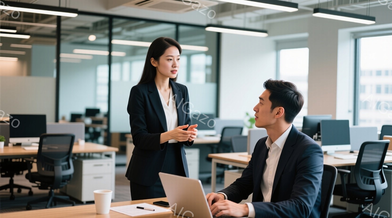 オフィスで、女性と男性が会話をしている様子が写っています。女性は黒いスーツを着て髪を後ろにまとめ、真剣な表情で何かを説明しています。男性は白いシャツにネクタイ、ジャケットを着てパソコンに向かい、女性の話に耳を傾けています。