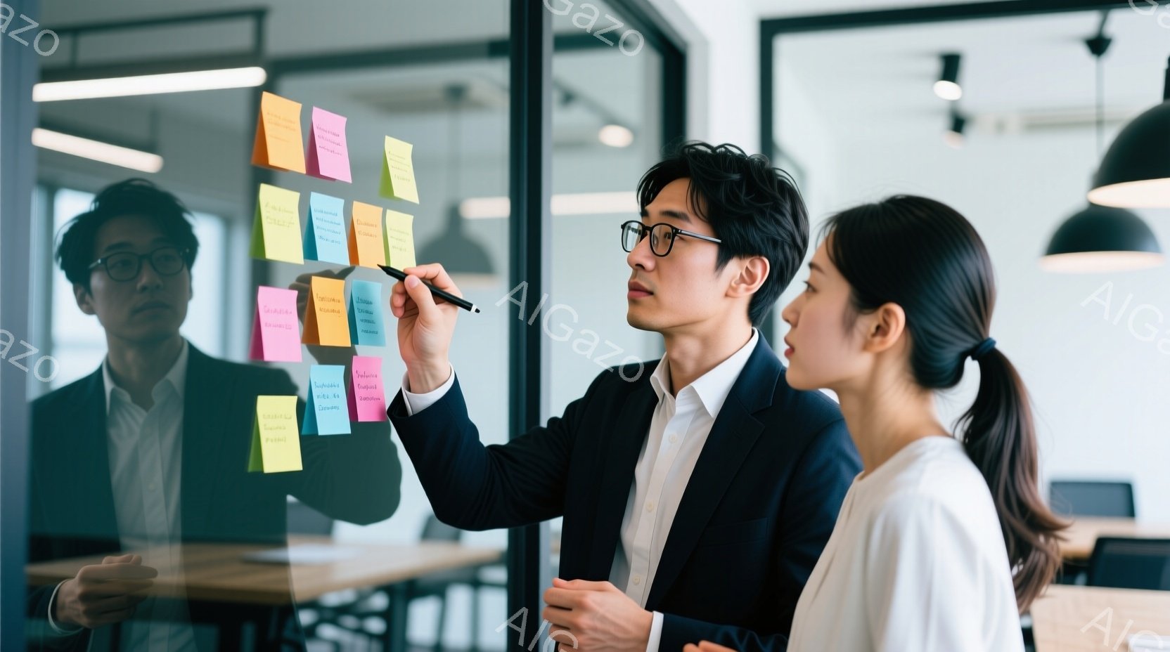 室内で、男性と女性がガラスの壁の前で何かを議論している様子が写っている。男性は黒いジャケットと白いシャツを着ており、髪型は短く整えられている。女性は白いブラウスを着て髪を後ろでまとめており、どちらも真剣な表情でガラスに貼られた付箋について話しているように見える。