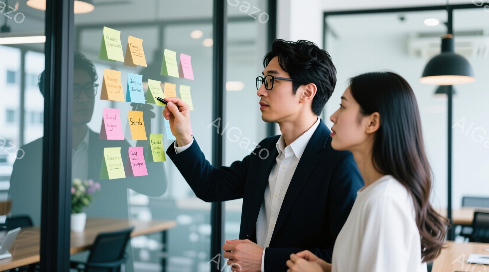 現代的なオフィス空間で、男性と女性が大きなガラスの壁の前で立っています。男性は黒いスーツに白いシャツを着て、黒縁メガネをかけ、ピンクや黄色の付箋が貼られたガラスの壁をペンで指し示しています。女性は白いシャツを着ており、少し後ろで、男性が指し示す方向を静かに見守っています。