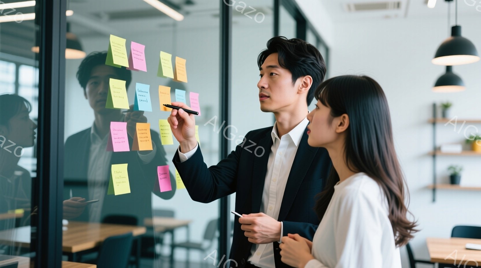 ビジネスシーンの室内で、男性と女性がガラス張りの壁の前で議論しています。男性は黒いスーツに白いシャツを着て、片手に黒いペンを持ち、付箋を指して何かを説明しています。女性はオフホワイトのトップスを着ており、片手を前に出し、真剣な表情で男性の説明を聞いています。