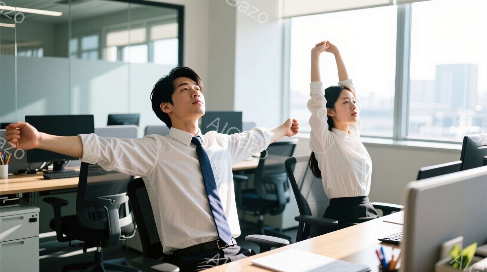 オフィスで、男性と女性が椅子に座り、ストレッチをしている様子が写っている。男性は青いネクタイと白いシャツを着ており、女性は黒いスカートと白いシャツを着ている。背景にはオフィス内のデスクと、窓から見える - AI生成フリー素材