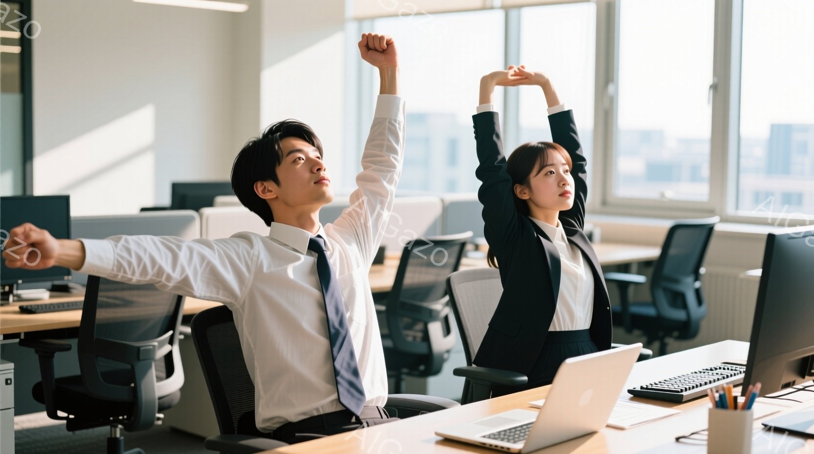 オフィスで働く若い男女が、それぞれ椅子に座りながら腕を伸ばしてストレッチをしている様子が写っている。男性は白シャツにネクタイ、女性は黒いジャケットを着ており、髪は短髪で整えられている。背景にはオフィス - AI生成フリー素材