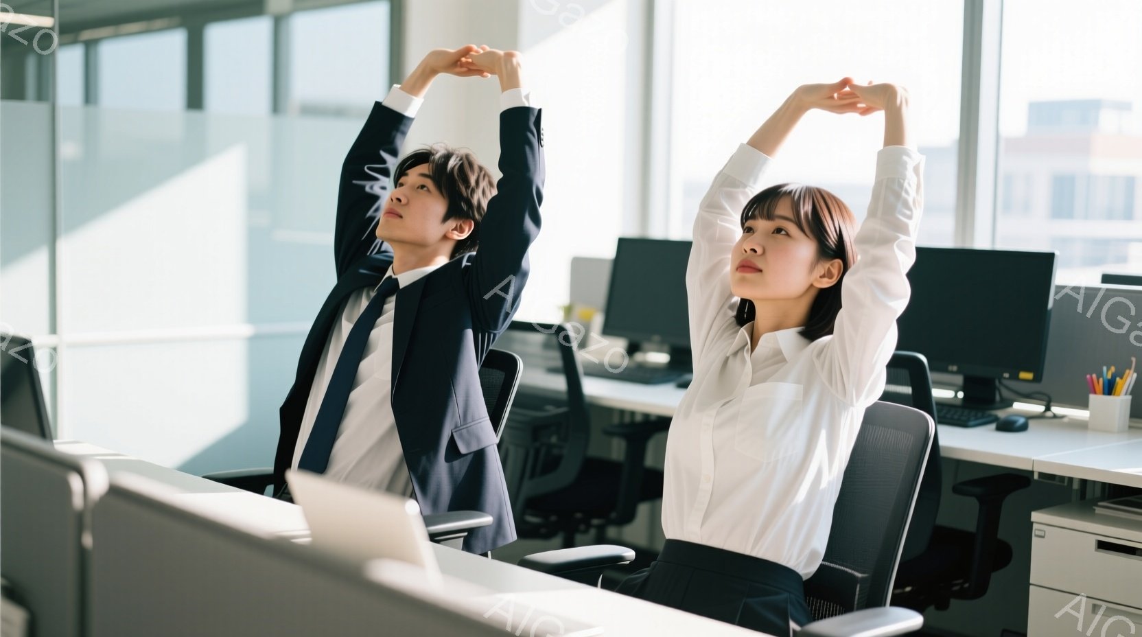 オフィスで働く若い男女が、椅子に座ったままストレッチをしている様子が写っている。男性は濃い青のスーツにネクタイで、髪は短く整えられている。女性は白いシャツを着ており、髪は後ろで一つにまとめられているが - AI生成フリー素材