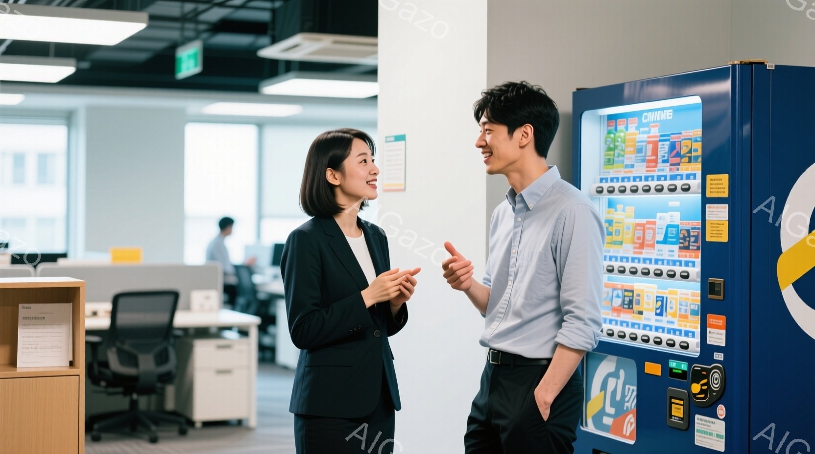 オフィスを背景に、女性と男性が話している様子が写っています。女性は黒いスーツを着ており、明るい表情で何かを説明しているように見えます。男性は青いシャツを着ており、ジェスチャーを交えながら女性の話に耳を傾けている様子で、親しげな雰囲気が漂っています。