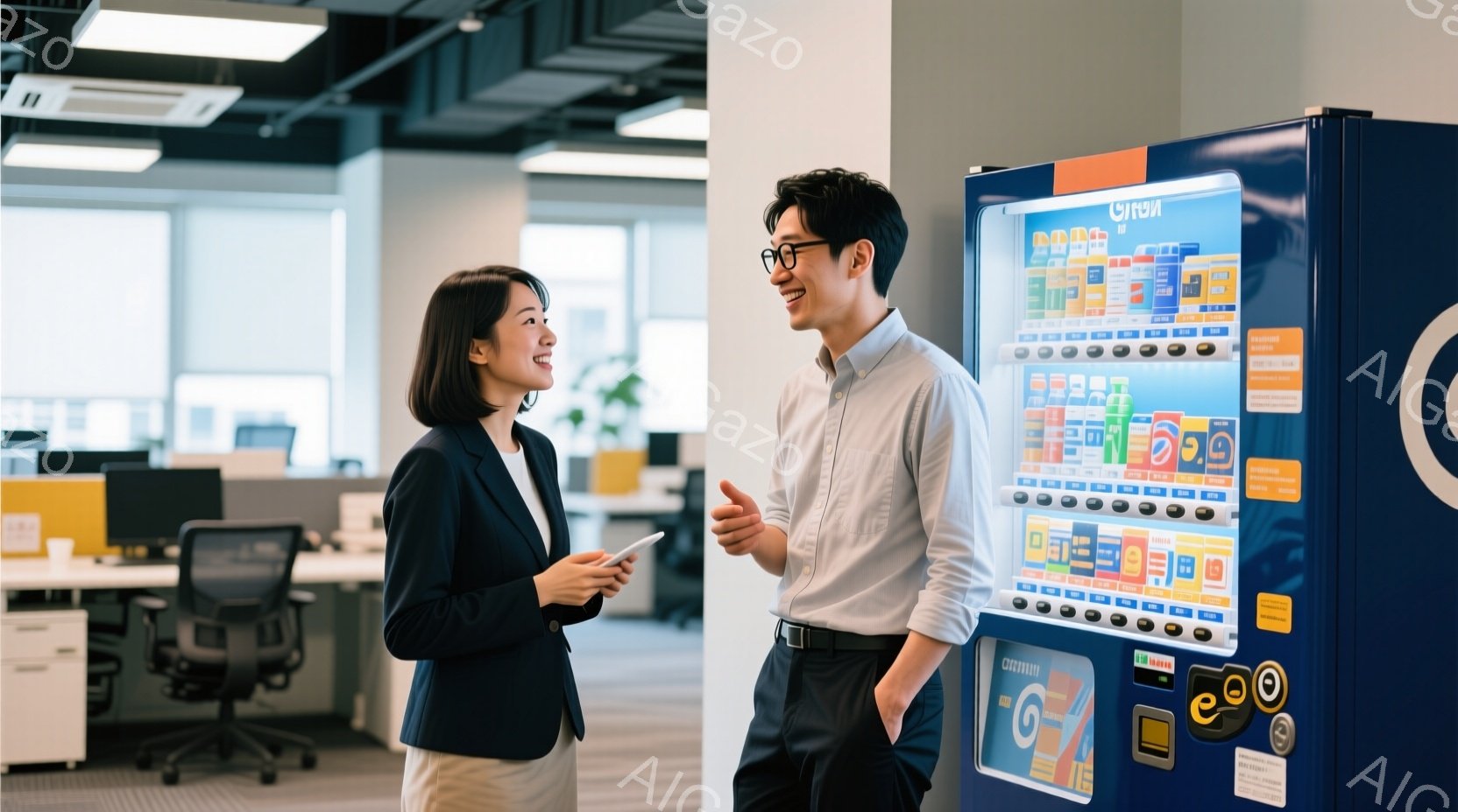 オフィス内で女性と男性が話している様子が写っています。女性は黒いジャケットにベージュのパンツ、短めの黒髪で、笑顔で何かを説明しているようです。男性は白いシャツに黒いズボン、眼鏡をかけ、片手を上げながら女性の話を聞いているような姿勢です。