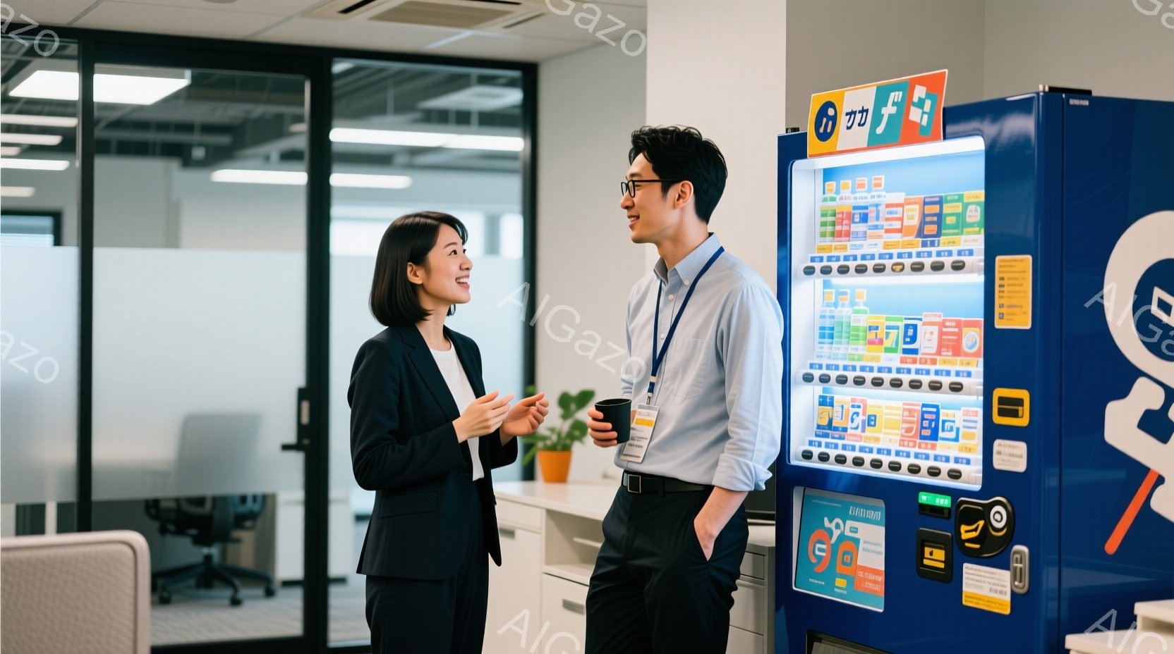 オフィス空間で女性と男性が会話している様子が写っています。女性は黒いジャケットとブラウスを着ており、笑顔で相手を見つめています。男性は白いシャツにネクタイ、黒いズボンを着用し、片手にカップを持ちながら - AI生成フリー素材