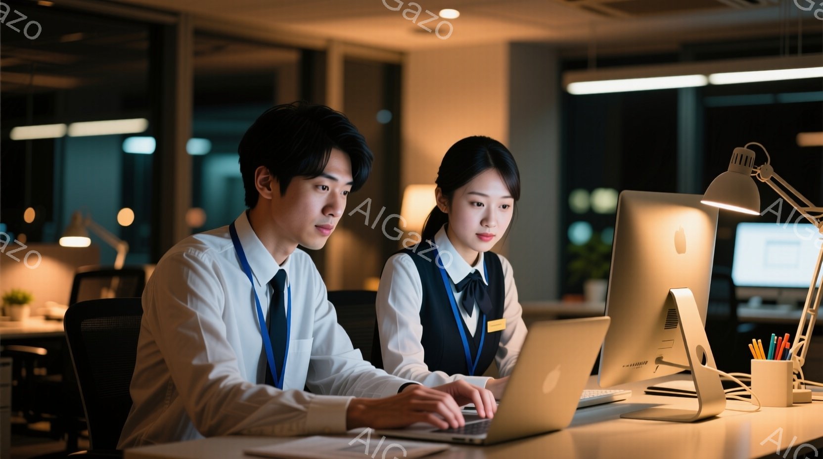 職場と思われるオフィスで、若い男女がコンピュータに向かっている様子が写っている。男性は白いシャツにネクタイ、女性はベストとシャツ姿で、どちらも身につけているIDカードから従業員であることがわかる。二人 - AI生成フリー素材