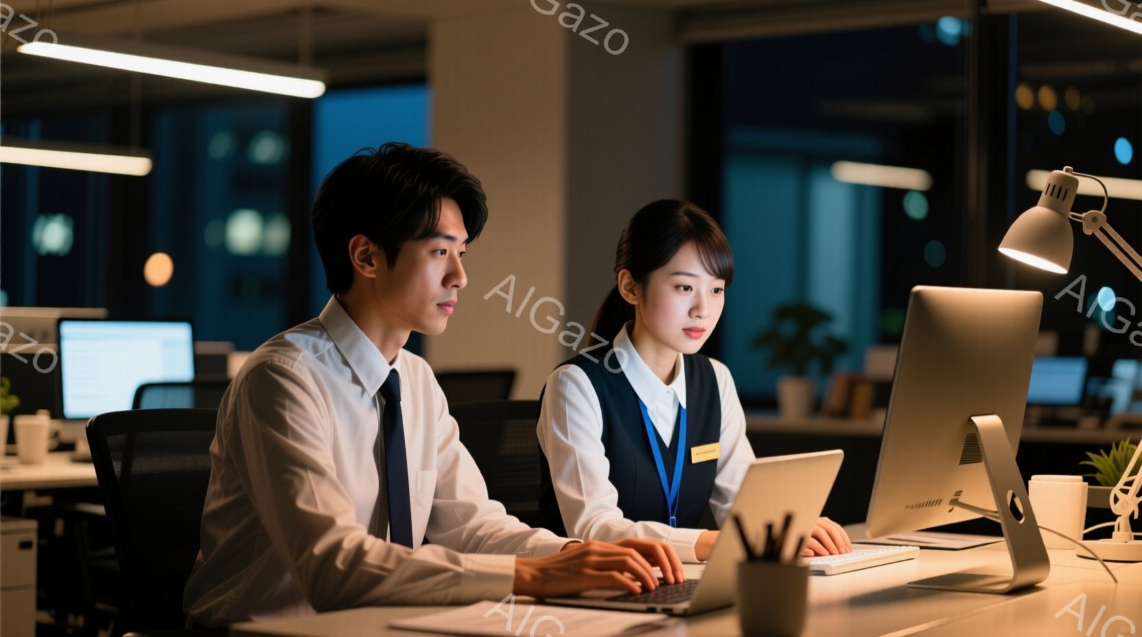 室内で、一人の男性と一人の女性がコンピュータに向かって作業している様子が描かれている。男性は白いシャツにネクタイ、女性はベストと白いシャツ姿で、少し緊張した表情で画面を見つめている。背景にはオフィスら - AI生成フリー素材