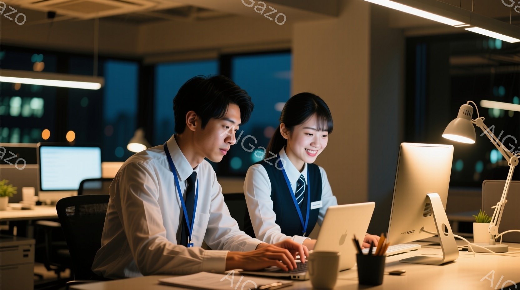 室内はオフィスで、若い男性と女性がコンピュータの前で働いています。男性はダークヘアで、ネクタイとIDカードを付けたシャツを着ており、真剣な表情でキーボードを操作しています。女性は明るい笑顔で、ベストと - AI生成フリー素材