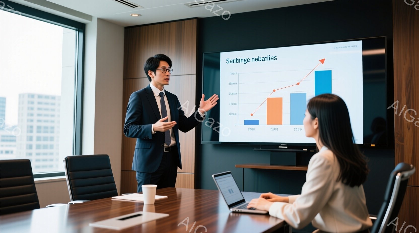 一人の男性が会議室でプレゼンテーションをしている様子が写っている。彼は紺色のスーツを着ており、髪は短く整えられている。女性はテーブルに座り、ノートパソコンに向かって何かを操作している。