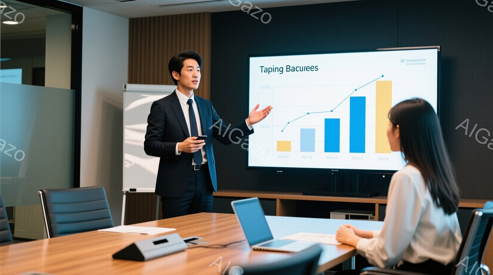紺色のスーツにネクタイを締めた男性が、プレゼンテーションを行っています。彼は片手を広げ、自信のある表情で、聴衆である女性の方を見ながら話しています。背景にはグラフが表示されたスクリーンと、洗練された会 - AI生成フリー素材