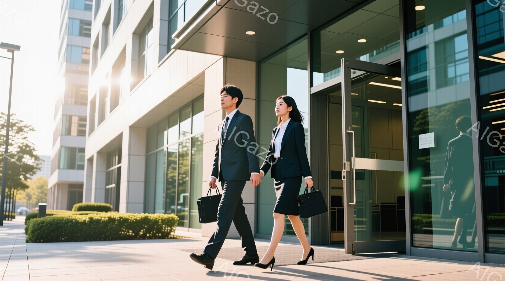スーツ姿の男女が、ガラス張りの建物の入り口から外に出ている。男性は黒いスーツにネクタイ、女性は黒いスーツに白いシャツを着ており、それぞれ手にブリーフケースを持っている。背景には剪定された緑の低木と近代的な高層ビルが見え、晴れた日の穏やかな雰囲気を感じさせる。