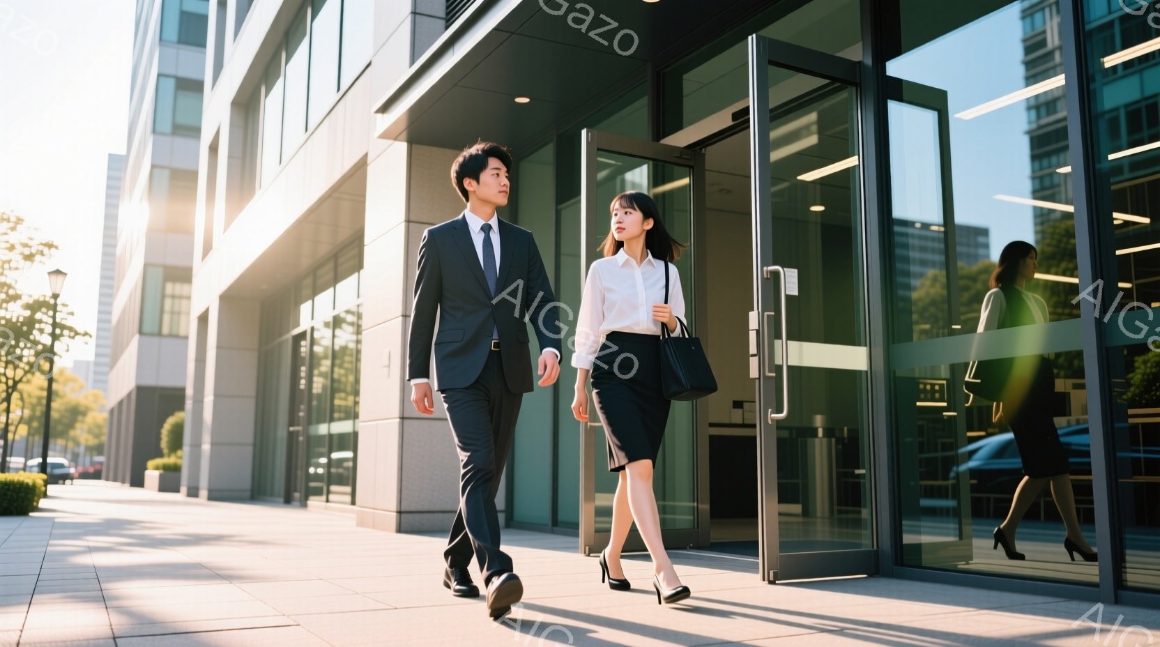 ビジネススーツを着た若い男女が、ガラス張りの建物の入り口から外に出ている。男性は黒いスーツにネクタイ、女性は白いブラウスに黒いスカートという装いで、ともに前方を向いて歩いている。背景にはモダンな建物と並木道が見え、晴天で明るい日差しが差し込み、洗練された都会的な雰囲気が漂っている。