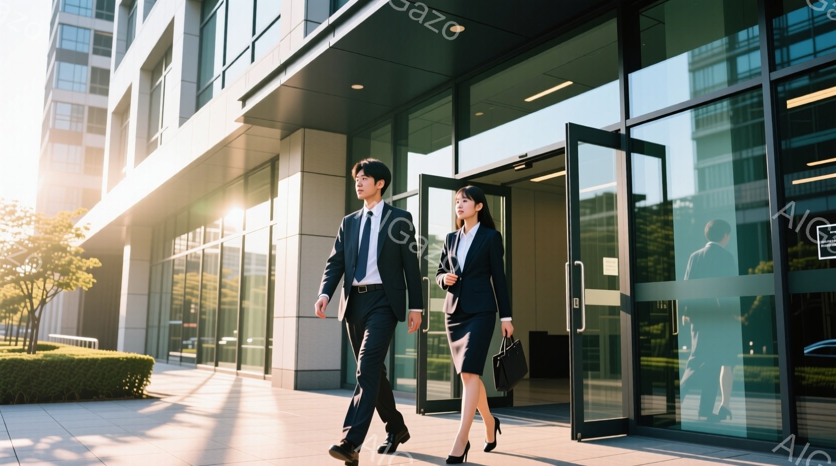 ビジネススーツを着た若い男女が、ガラス張りの建物の入り口から歩き出している様子が写っている。男性は黒いスーツにネクタイを締め、女性は黒いスーツスカートと黒いハイヒールを履いている。背景には緑豊かな庭と晴れた空が見え、全体的に明るく、プロフェッショナルで洗練された雰囲気である。