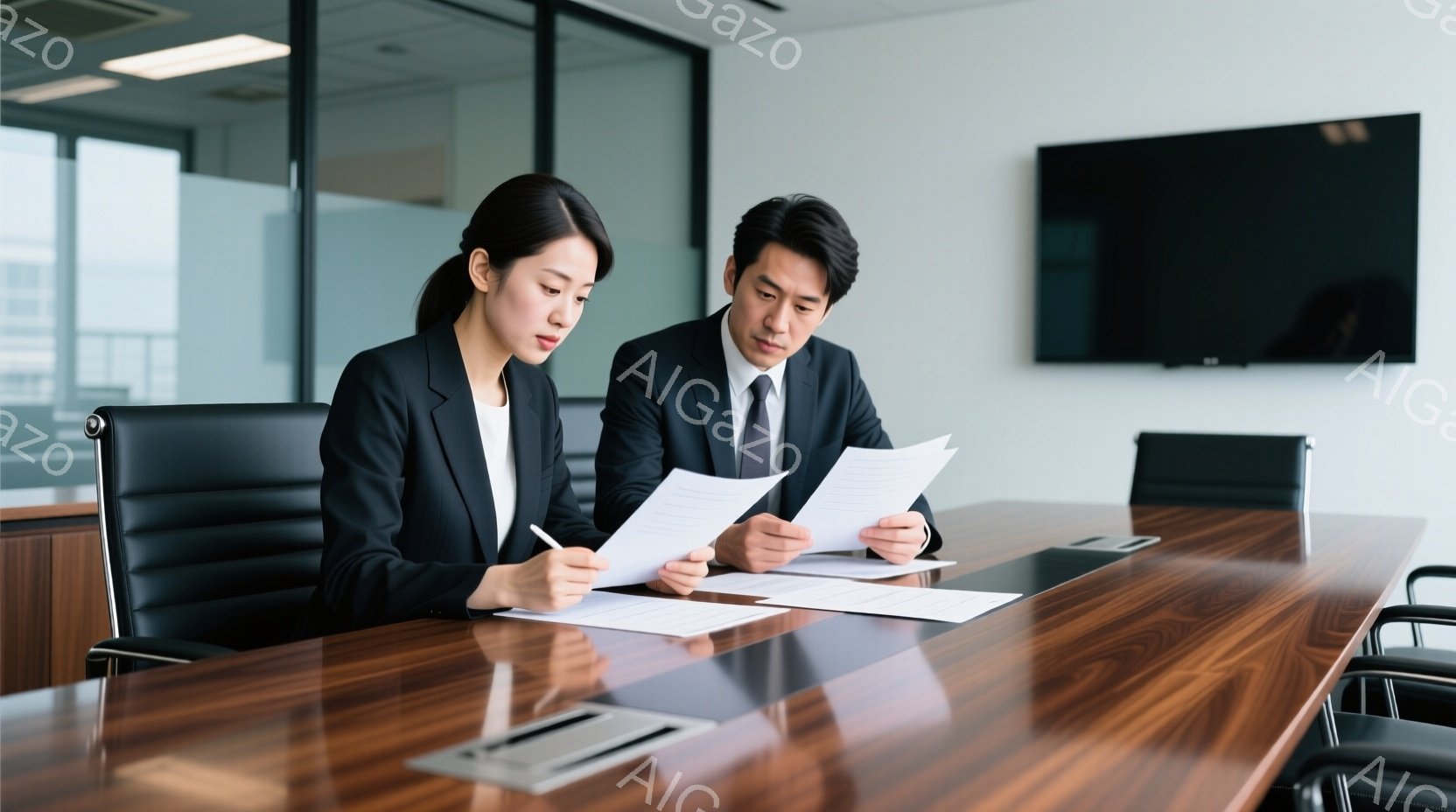 ビジネスシーンの室内が写っており、一組の男女がカメラに向かって手を振っています。男性は紺色のスーツにネクタイ、女性は白いブラウスに黒いスカートという服装で、皆、身につけたIDカードが確認できます。背景には受付カウンターがあり、他のビジネスマンたちが立っており、全体的に明るく、歓迎的な雰囲気です。
