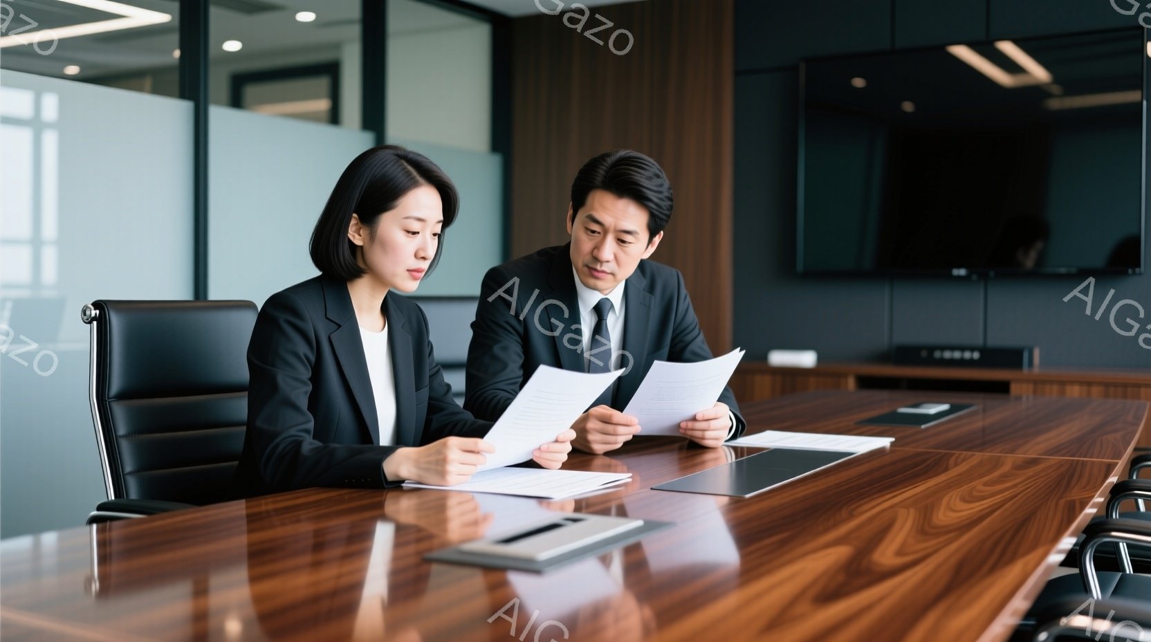 紺色のスーツを着た若い女性と男性が、磨かれた木製の会議テーブルを挟んで書類を読んでいます。女性は黒髪のショートヘアで、男性は短髪で、どちらも真剣な表情で書類に集中しています。背景には大きな画面があり、 - AI生成フリー素材