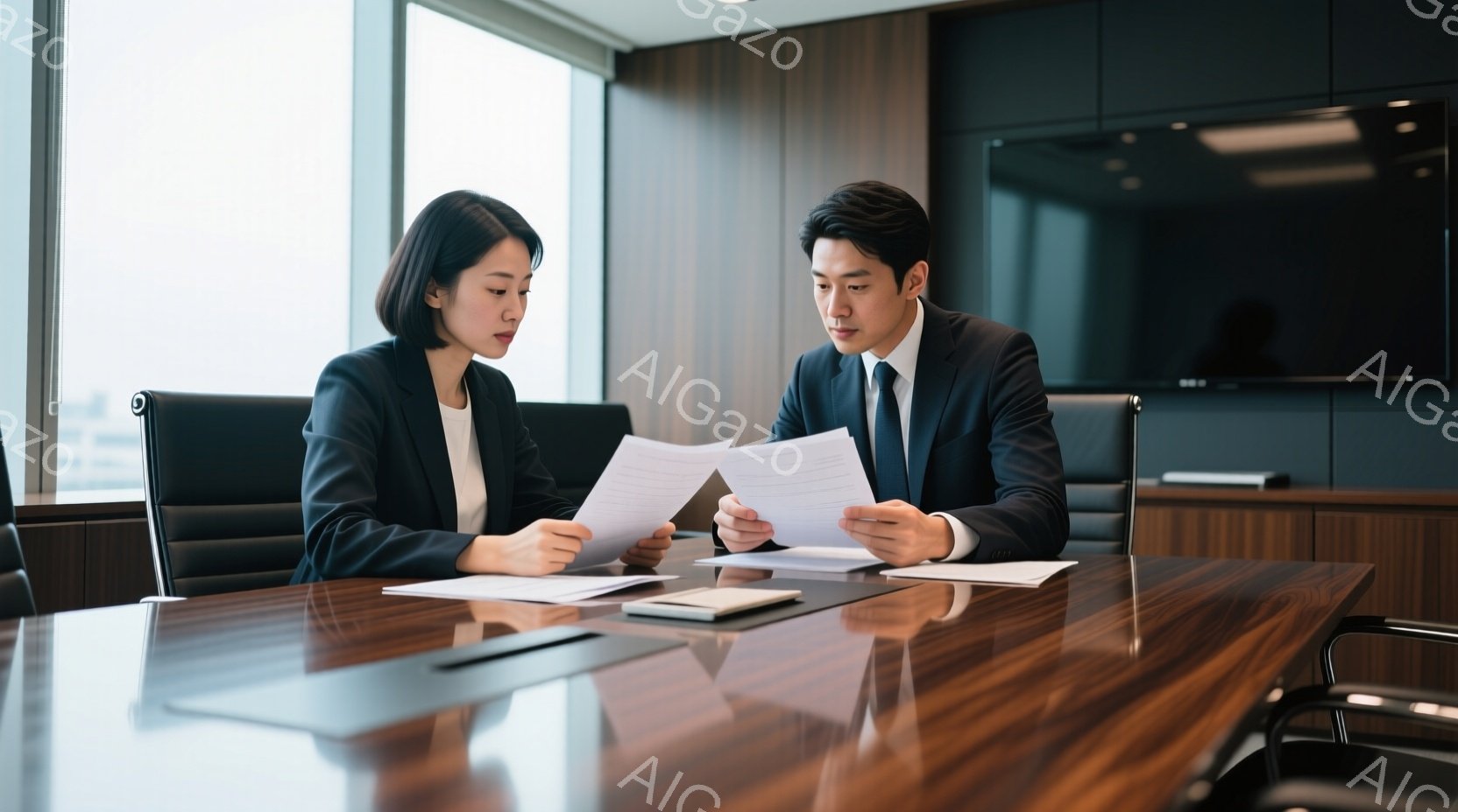 ビジネスシーンを捉えた写真で、一人の女性と一人の男性が、磨かれた木製の会議テーブルを挟んで書類を読んでいます。女性は黒いスーツにストレートヘアで、真剣な表情で書類に集中しており、男性も同様に黒いスーツ - AI生成フリー素材