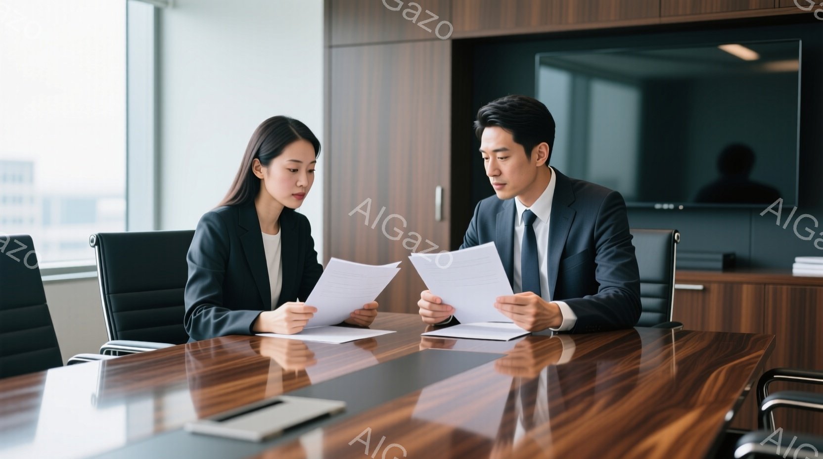 二人のビジネスパーソンが、磨かれた木の会議テーブルを挟んで書類を読んでいます。女性は黒いジャケットと白いシャツを着ており、髪は後ろでまとめています。男性も黒いスーツにネクタイで、真剣な表情で書類に目を - AI生成フリー素材