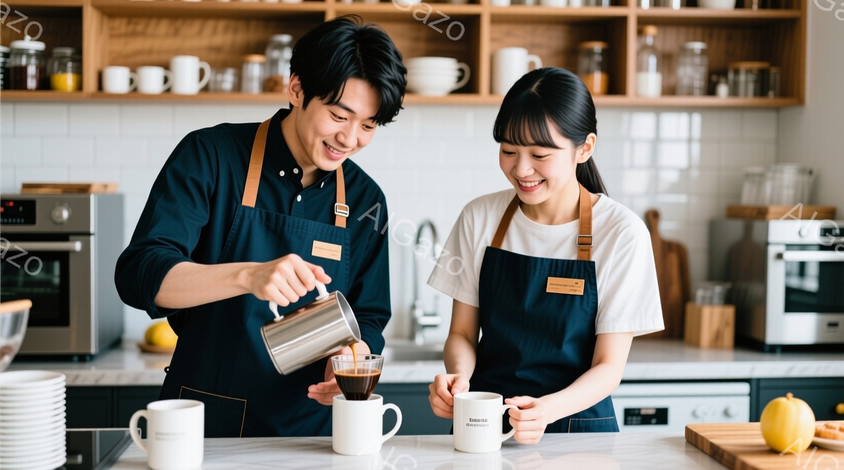 カフェの厨房でコーヒーを淹れる若い男女が写っています。男性は濃いブルーのシャツにエプロンをつけ、女性は白シャツにエプロンをつけ、それぞれ笑顔でコーヒーの準備をしています。背景には、棚に並んだカップや調 - AI生成フリー素材