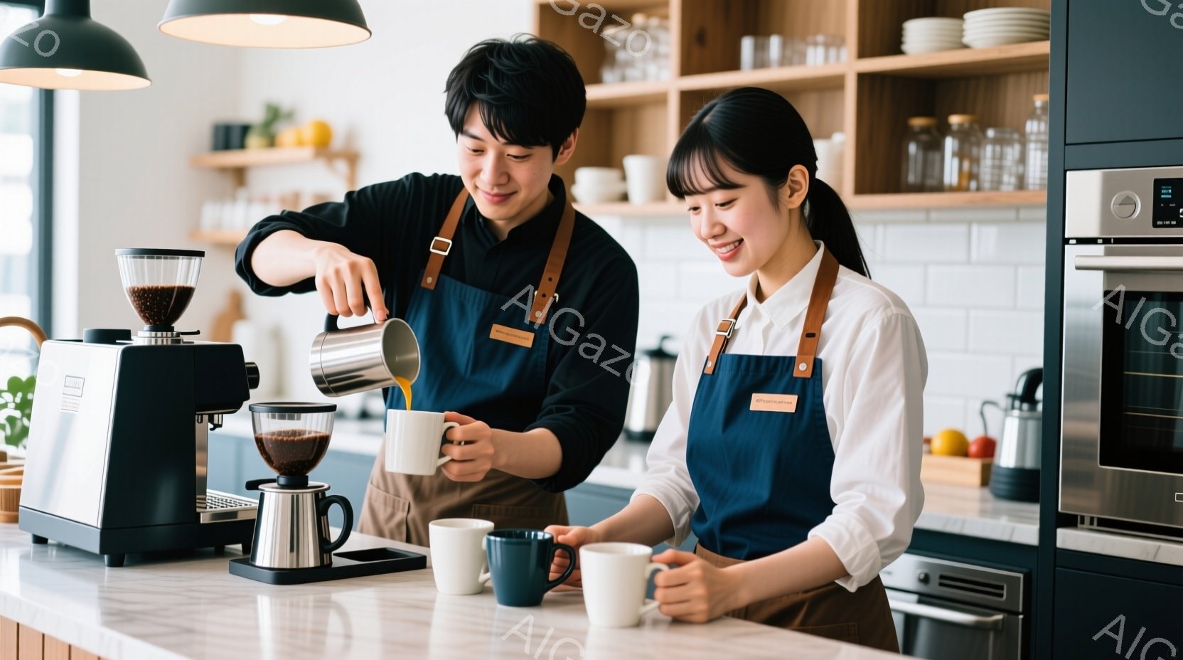 鮮やかなキッチンで、エプロンを着た若い男女がコーヒーを淹れています。男性は濃い髪で、笑顔でドリッパーからカップにコーヒーを注いでおり、女性は明るい笑顔でコーヒーカップを持っています。背景には、棚に並ん - AI生成フリー素材