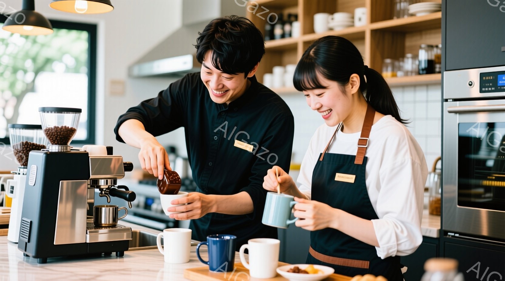2人のバリスタがカフェでコーヒーを作っている様子が写っています。男性は黒いシャツにエプロンをつけ、コーヒーマシンでコーヒーをカップに注いでおり、笑顔を浮かべています。女性は白いシャツにエプロンをつけ、片手にスプーンを持ち、もう片手でコーヒーを混ぜているようで、楽しそうに微笑んでいます。