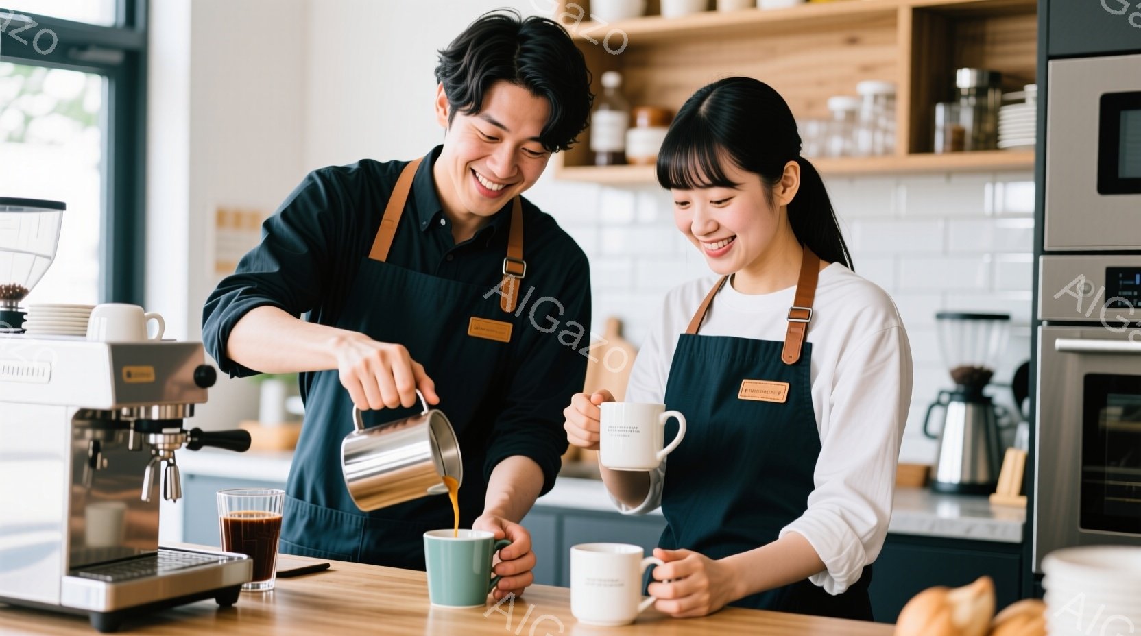 二人のバリスタがコーヒーを淹れる様子が写っています。男性は黒いエプロンを身に着け、少し笑顔でミルクをカップに注いでいます。女性は白いシャツにエプロンをつけ、穏やかな笑顔でコーヒーを受け取ろうとしており、背景にはコーヒーマシンや棚が並び、明るく清潔なカフェの雰囲気です。