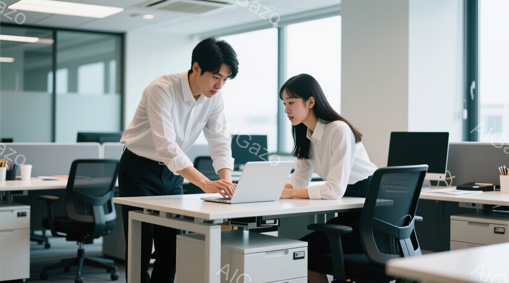 オフィスで、若い男性と女性がノートパソコンを覗き込んで協力している様子が写っている。男性は白いシャツに黒いズボンを着用し、女性は白いブラウスに黒いズボンを着用している。オフィスは白を基調とした清潔感の - AI生成フリー素材