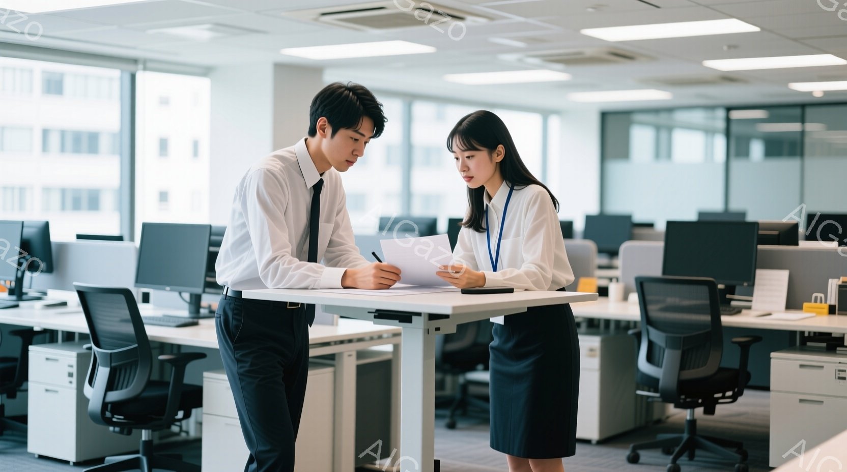 職場を背景に、一人の男性と一人の女性が立っている。男性は黒いパンツと白いシャツを着ており、女性は黒いスカートと白いシャツ、そして首からぶら下がった身分証明書をつけている。二人は立って書類を見ながら会話しているようで、真剣な表情をしている。