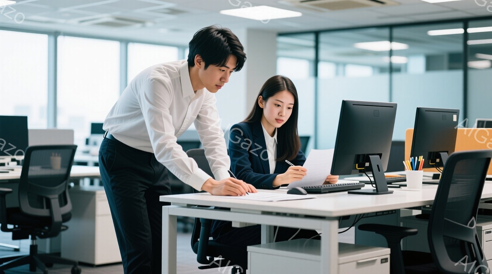 白襟のシャツに黒いズボンを着用した男性が、紺色のジャケットを着た女性の肩越しにパソコン画面を見下ろしている。女性は何かを指し示し、真剣な表情でパソコンと書類を見ている。オフィスは明るく、白を基調とした - AI生成フリー素材