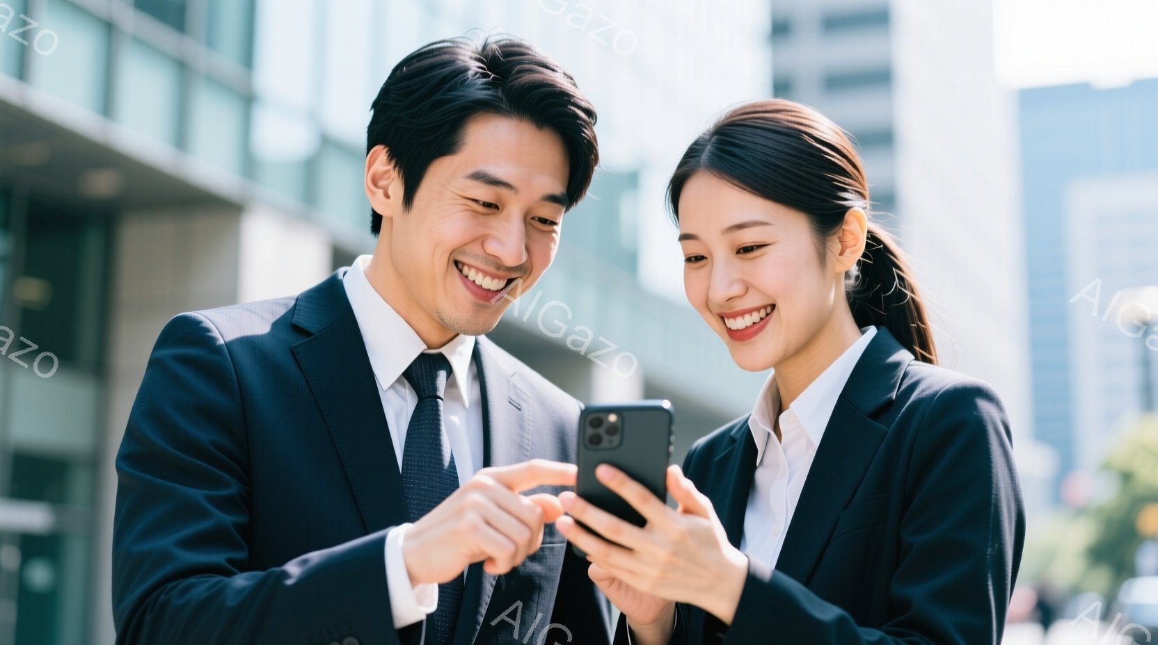 ビジネススーツを着た男女がスマートフォンを覗き込んでいます。男性は左側に少し身を乗り出し、女性は右側で画面を指しています。背景には近代的な建物がそびえ立ち、晴天の下、明るくポジティブな雰囲気が漂ってい - AI生成フリー素材